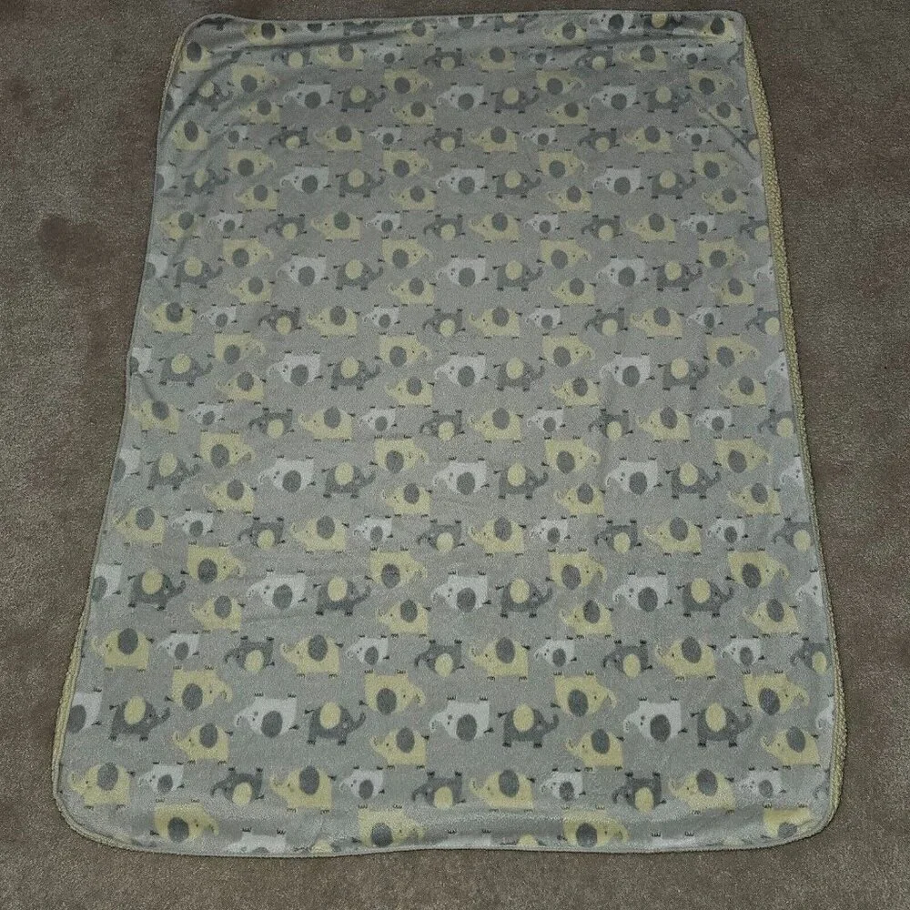 Just Born Gray Yellow White Elephant Fleece Baby Blanket 29x39